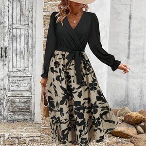 Tied Ruffled Printed Long Sleeve Dress